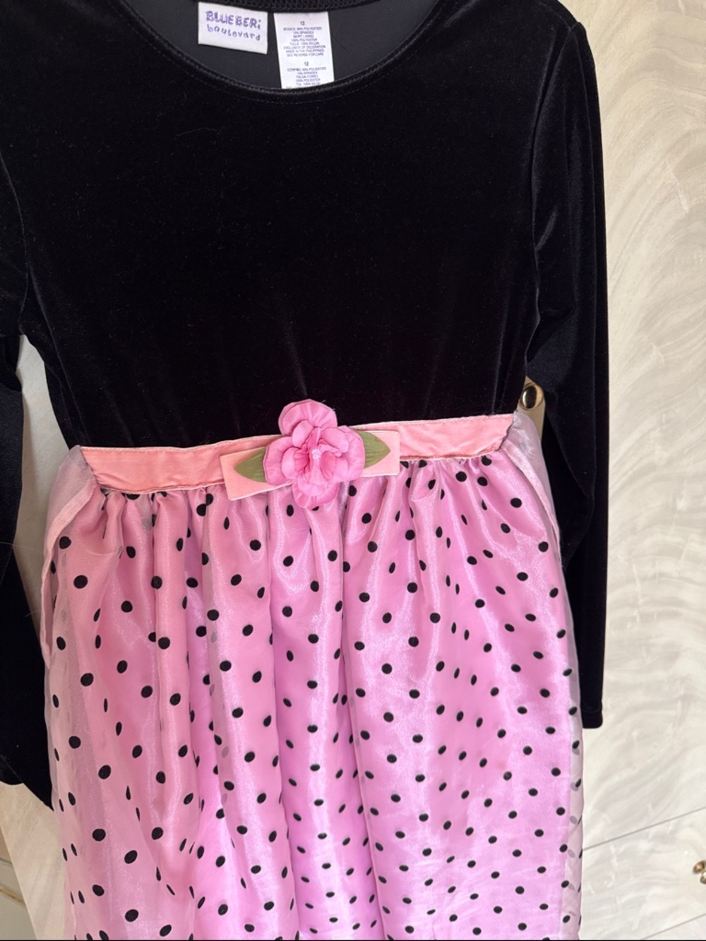 Blueberi Boulevard Black Velvet Bodice with Pink Polka Dot Skirt